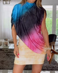 Women's 3 Piece Tie Dye Skirt Set Asymmetrical Drape Top and Ruched Bodycon Mini Skirt Set with Bandeau