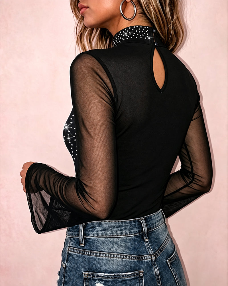Women's Rhinestone Sheer Mesh Patchwork Cutout Mock Neck Long Sleeve Top