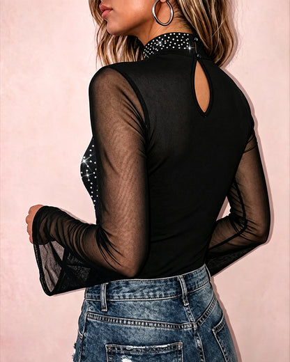 Women's Rhinestone Sheer Mesh Patchwork Cutout Mock Neck Long Sleeve Top