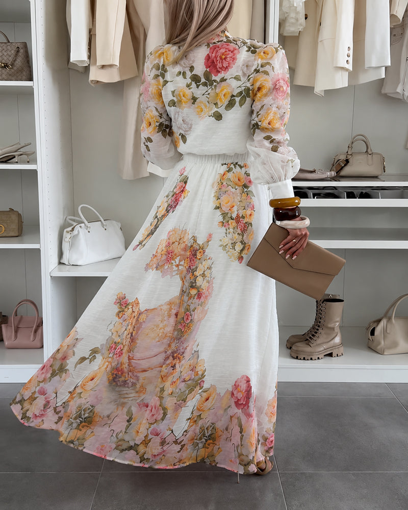 Women's Floral 3 Piece Outfits Stand Collar Blouse and Cami Top and High Waisted A Line Maxi Skirt Elegant Vacation Set