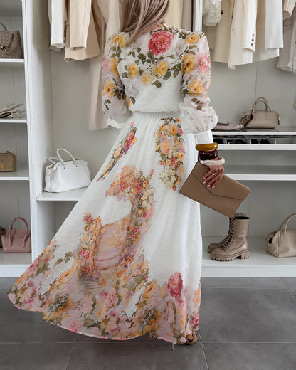 Women's Floral 3 Piece Outfits Stand Collar Blouse and Cami Top and High Waisted A Line Maxi Skirt Elegant Vacation Set