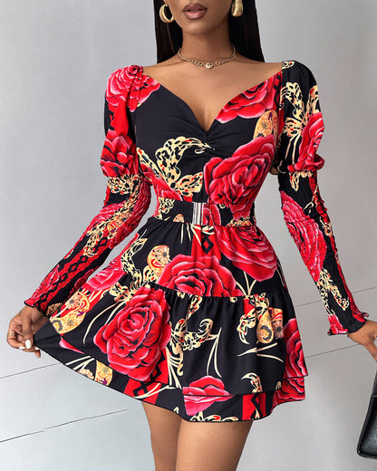 Floral Print Shirred Layered Dress