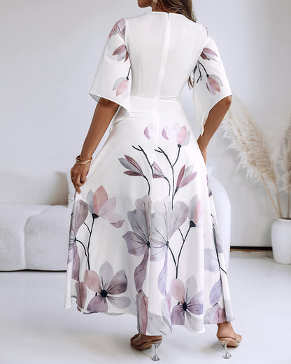 Floral Placement Print Deep V Neck Bell Sleeve Vacation Dress Casual Zipper Back Cinched Waist Maxi Dress With Lining