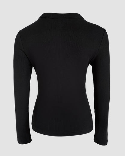 Rhinestone Decor Keyhole Neck Hollow Water Drop Ribbed Top Long Sleeve Slim Fit Layering Top