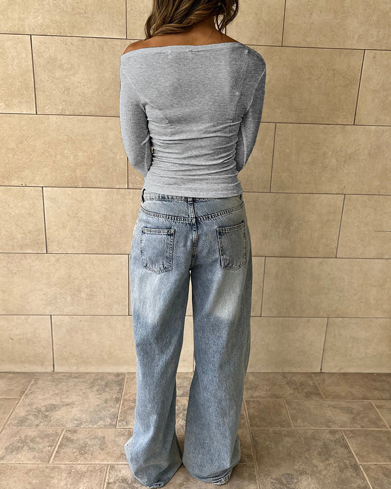 Skew Neck Long Sleeve Ruched Tee Casual Slim Fit Top with Thumb Hole Cuffs