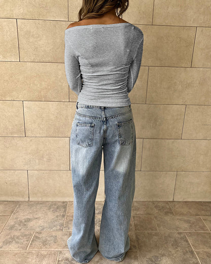 Skew Neck Long Sleeve Ruched Tee Casual Slim Fit Top with Thumb Hole Cuffs