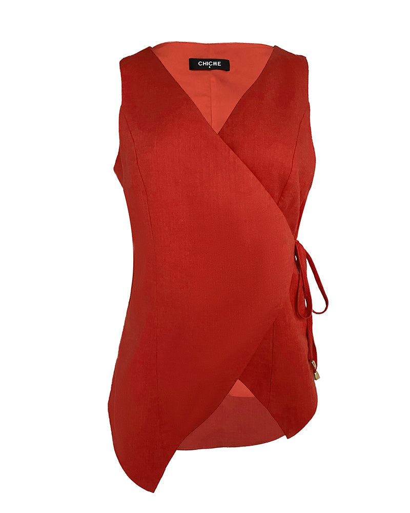 2 Pieces Outfit Plain Wrap V Neck Criss Cross Tied Detail Linen Top and Casual Pockets Patch Shorts Set