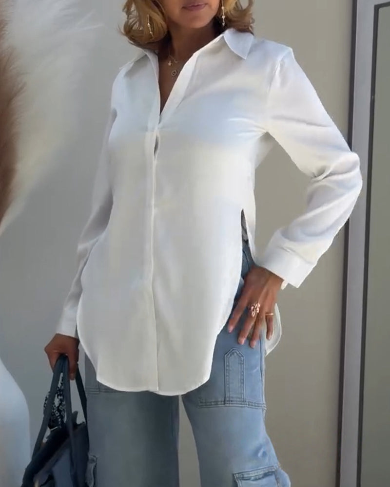 Classic Plain Long Sleeve Blouse with Turn-down Collar Casual Button Front Slit Top