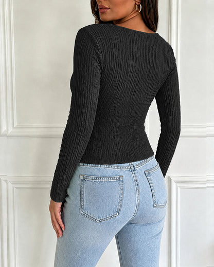 Women's Asymmetric Twist Neck Top Textured Ruched Long Sleeve Tee Slim Fit Shimmering Buckle Blouse