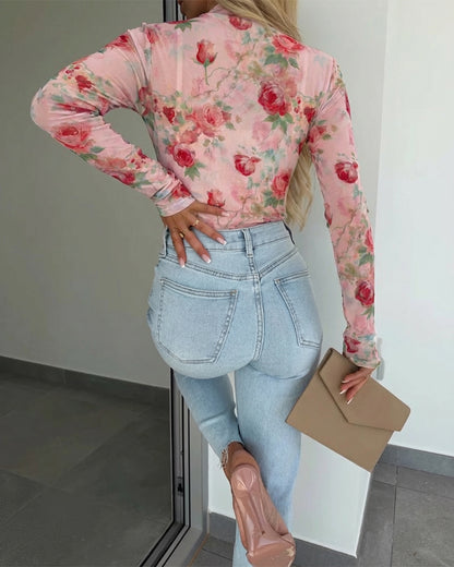Floral Print Mock Neck Long Sleeve Tee Slim Fit Sheer Mesh Layering Top with Thumb Hole Cuffs