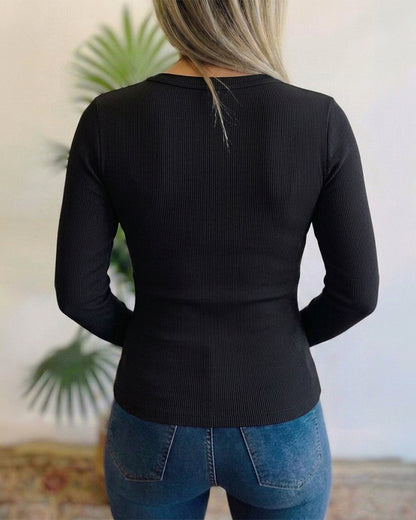 Women's Crewneck Rhinestone Ribbed Knit Top Slim Fit Long Sleeve Top