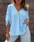 Women's V-Neck Roll Up Sleeve Side Slit Loose Fit Blouse