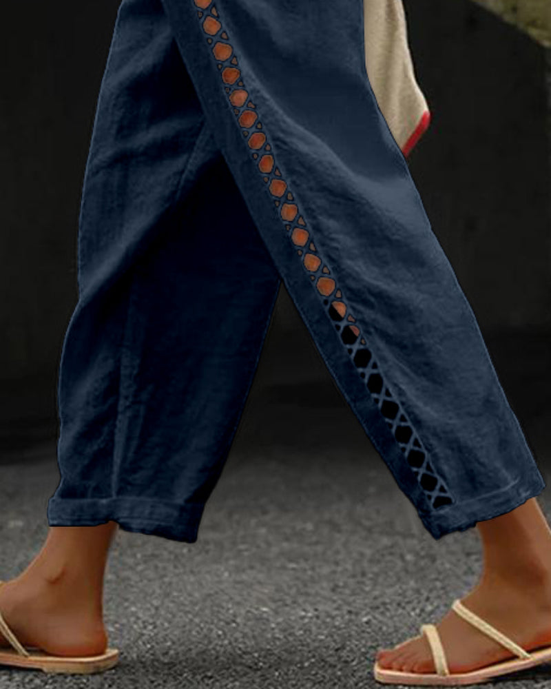 Hollow Out Lace Patch Pocket Design Casual Pants