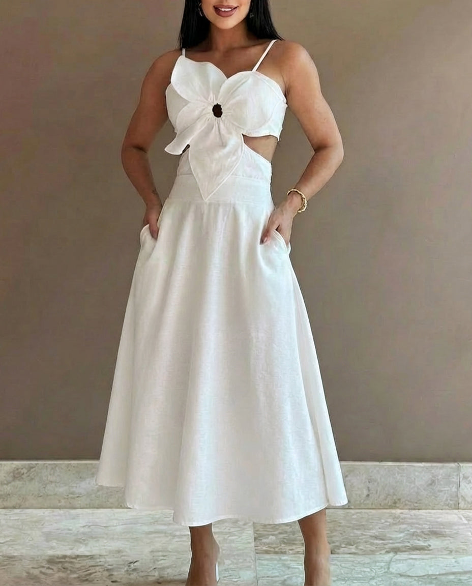 3D Flower Decor Adjustable Spaghetti Straps Zipper Back Flared Dress Casual Stretchy Back Cutout Waist Backless Tie Back Vacation Dress