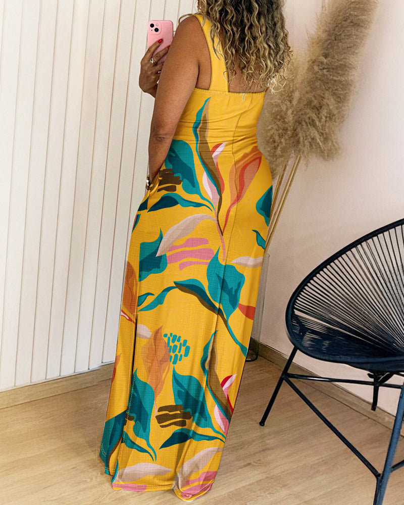 Tropical Print Thick Strap U-neckline Slim Fit Slit Maxi Dress Vocation Dress with Pockets