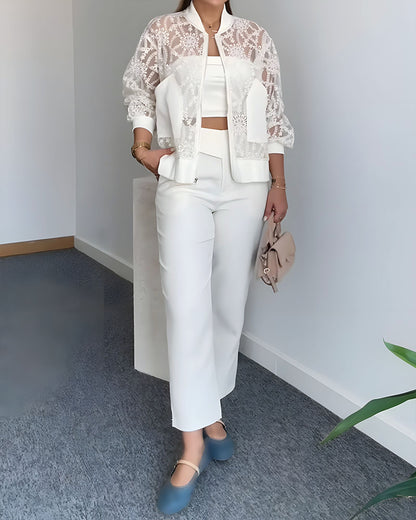 Floral Lace Embroidered Mesh Patchwork High-Low Hem Baseball Coat Casual Side Slit Zip Up Bomber Jacket