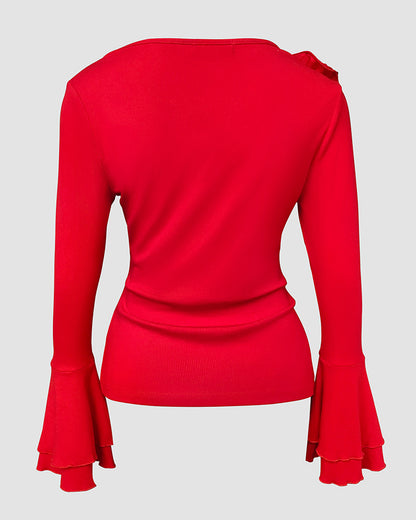 3D Flower Decor Scoop Neck Double Layer Flared Cuff Tee Slim Fit Ribbed Top