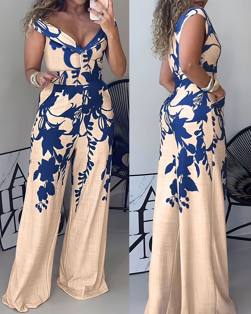 Floral Print Off Shoulder Sleeveless Deep V-Neck Jumpsuit Casual Zipper Side Wide Leg Jumpsuit