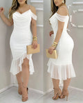 Women's Off Shoulder Mesh Dress Pearl Strap Ruched Bodycon Dress Ruffle Hem Slit Evening Party Dress