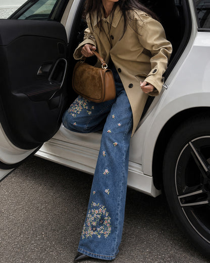 Women's High Waisted Floral Embroidered Flare Jeans Washed Denim Pants
