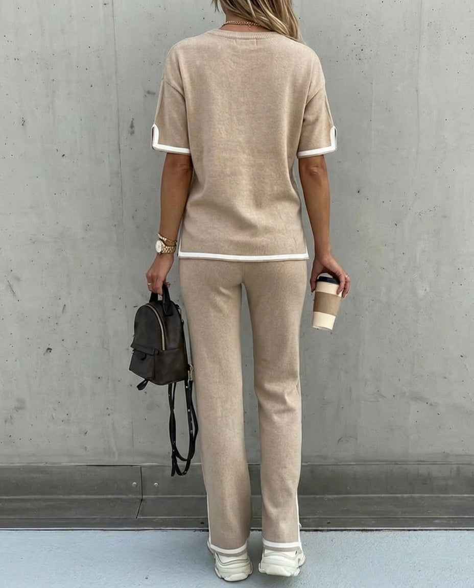 2 Pieces Outfit Round Neck Short Sleeve High-Low Hem Top and Elastic Waist Straight Leg Pants Set Casual Contrast Paneled Side Slit Knit Loungewear Set