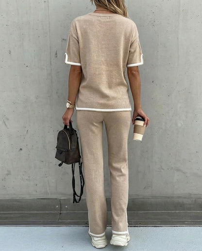 2 Pieces Outfit Round Neck Short Sleeve High-Low Hem Top and Elastic Waist Straight Leg Pants Set Casual Contrast Paneled Side Slit Knit Loungewear Set