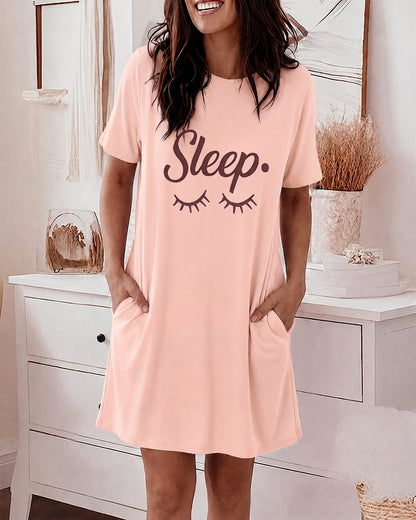 Women's Sleep Letter Print Short Sleeve Nightgown Casual Sleepwear Dress with Pockets
