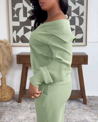 Women's 2 Piece Ribbed Lounge Set Half Zip Long Sleeve Sweatshirt and Straight Leg Pants Casual Sweatpants Set