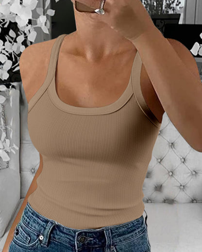 Scoop Neck Spaghetti Strap Ribbed Top Casual Sleeveless Slim Fit Tank