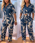 Women's 2 Piece Tropical Leaf Print Set Short Sleeve Button Down Shirt and Wide Leg Pants Vacation Outfits with Pockets