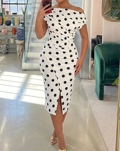 Polka Dot Print Skew Neck Ruched Mid-length Dress Elegant Wrapped Slit Dress