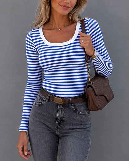 Women's Striped Ribbed U-Neck Long Sleeve Top Slim Fit Contrast Trim Tee