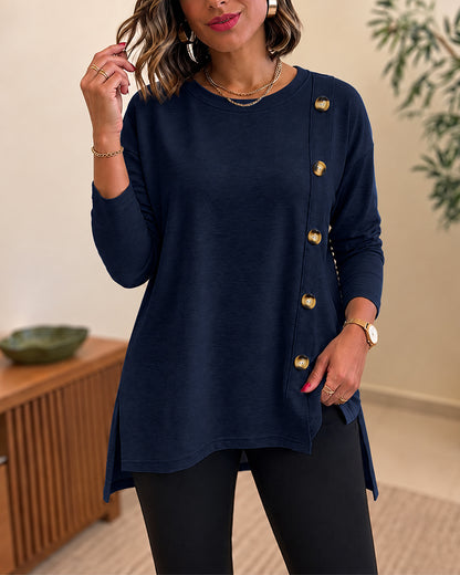 Women's Side Button Detail High-Low Split Hem Loose Tee Drop Shoulder Casual Top