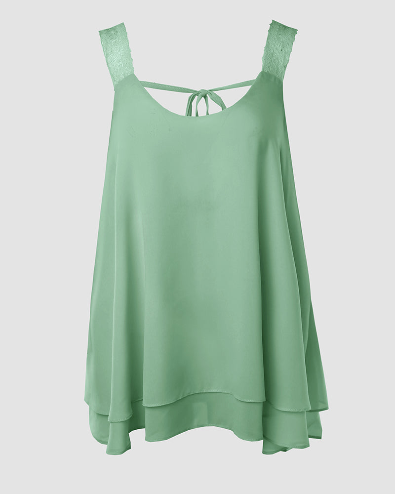 U-Neck Thick Strap Tank Contrast Lace Tied Detail Top