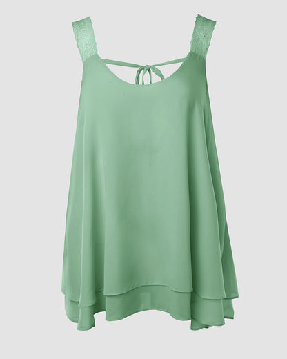 U-Neck Thick Strap Tank Contrast Lace Tied Detail Top