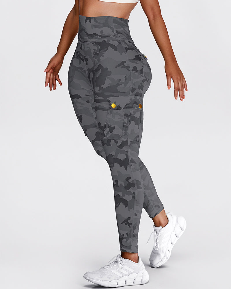 Camouflage Print High Waist Skinny Leggings with Cargo Flap Pockets Casual Pants