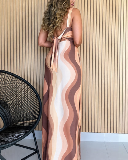 Women's Abstract Print Maxi Dress Elegant Square Neck Backless Tie Vacation Dress Side Slit Beach Sundress with Pockets