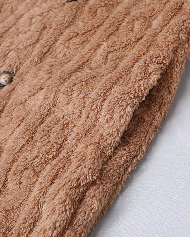 Cable Textured Lapel Neck Button Front Pocket Design Thermal Teddy Coat