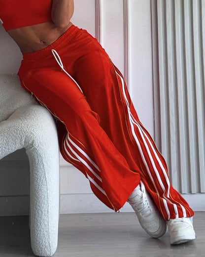 Contrast Side Striped & Zipper Slit Side Drawstring Elastic Waist Trousers Casual Wide Leg Pants