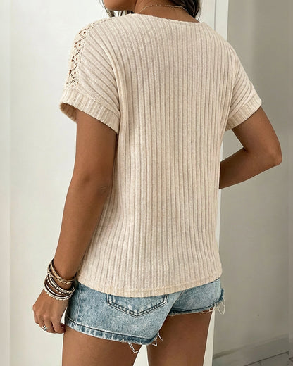 Lace Spliced Round Neck Rolled Cuffs Tee Casual Short Sleeve Ribbed Brushed Top