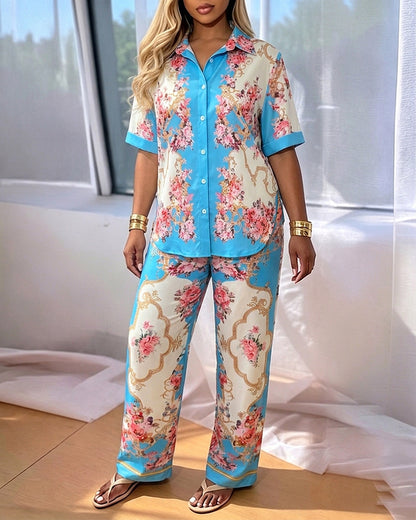 Women's Palace Style Vintage Floral 2 Piece Outfits Button Down Shirt and High Waisted Wide Leg Pants Set with Pockets