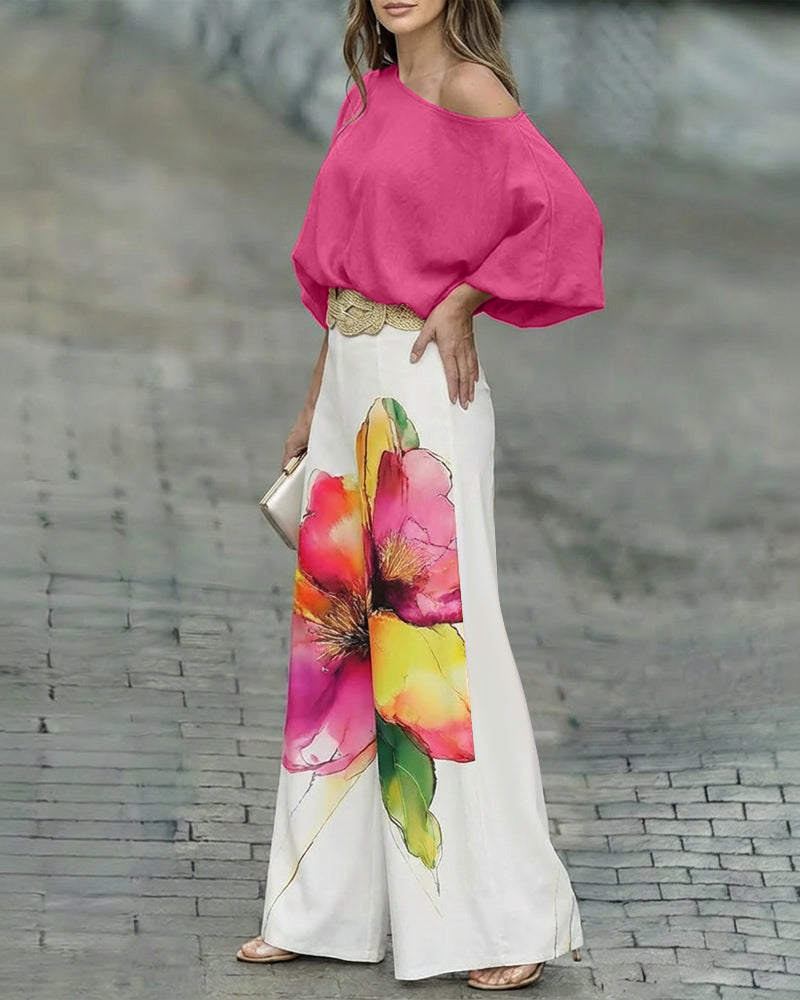2 Pieces Outfit Skew Neck Batwing Sleeve Stretchy Hem Top and Watercolor Floral Print Zipper Fly Elastic Back Waist Wide Leg Pants Set Casual Loose Fit Set