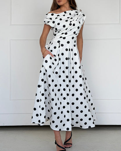 Women's Skew Neck Polka Dot Maxi Dress Ruched A-Line Swing Dress Elegant Party Cocktail Dress with Pockets
