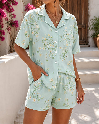 Women's Floral Print Pajama Set Short Sleeve Button Down Top and Shorts Casual Lounge Set