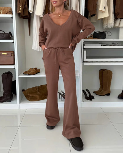 2 Pieces Outfit Plunge V Neck Pullover Sweatshirt and Casual Drawstring Waist Wide Leg Pants Set