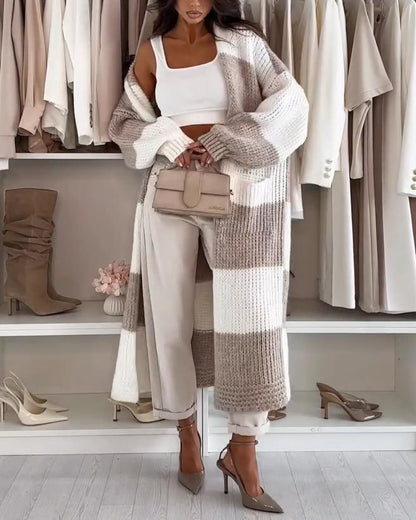 Women's Checkerboard Knit Cardigan Oversized Long Chunky Sweater Loose Lantern Sleeve Coat with Pockets