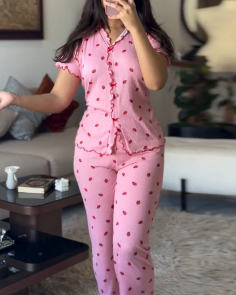 2 Pieces Outfit Strawberry Print Stand Collar Short Sleeve T-shirt and Pants Pajamas Set