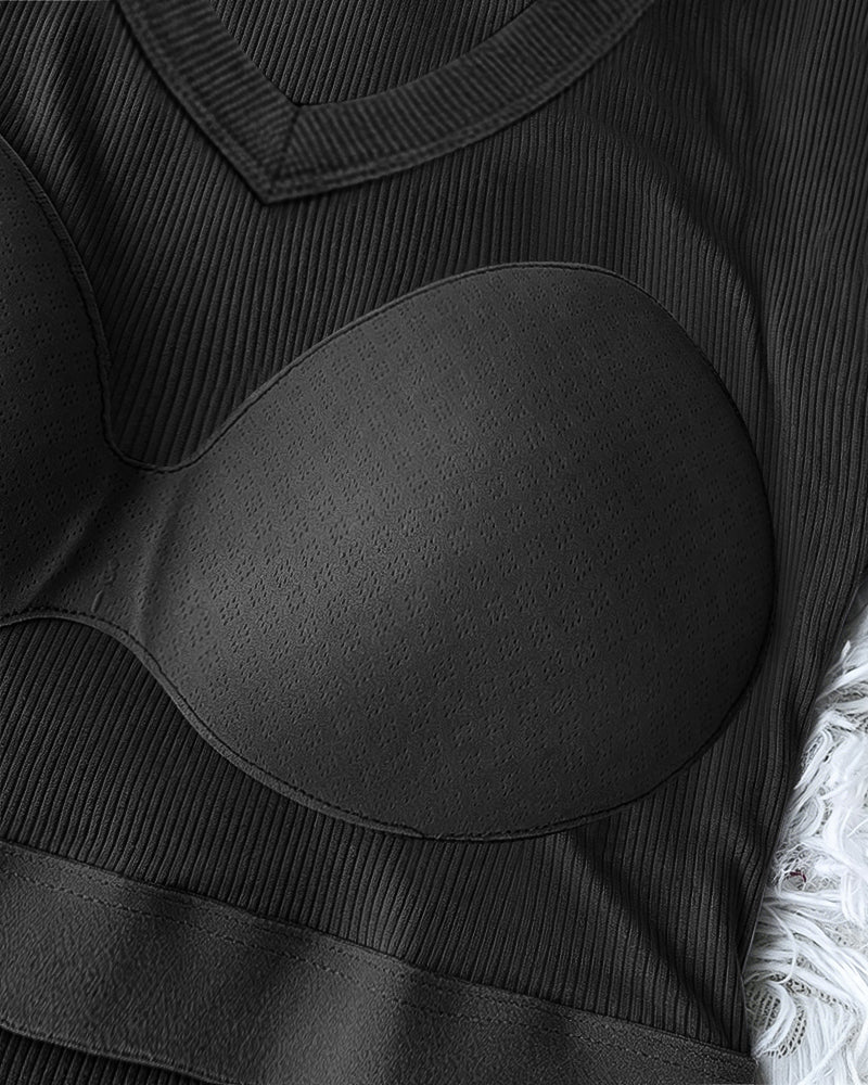 Women's V Neck Long Sleeve Ribbed Knit Top Slim Fit Base Layer Shirt Soft Stretchy Casual Tee with Built-in Bra