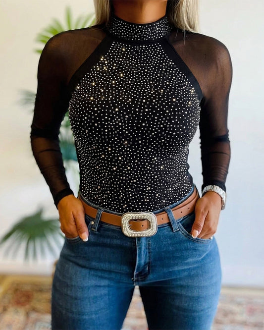 Women's Rhinestone Mesh Long Sleeve Top Mock Neck Sparkle Slim Fit Tee