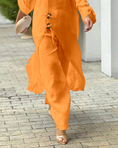 2 Pieces Outfit Button Decor One Shoulder Turn-Up Sleeves Slit Raw Edges Top and Casual Drawstring Elastic Waist Wide Leg Pants Set